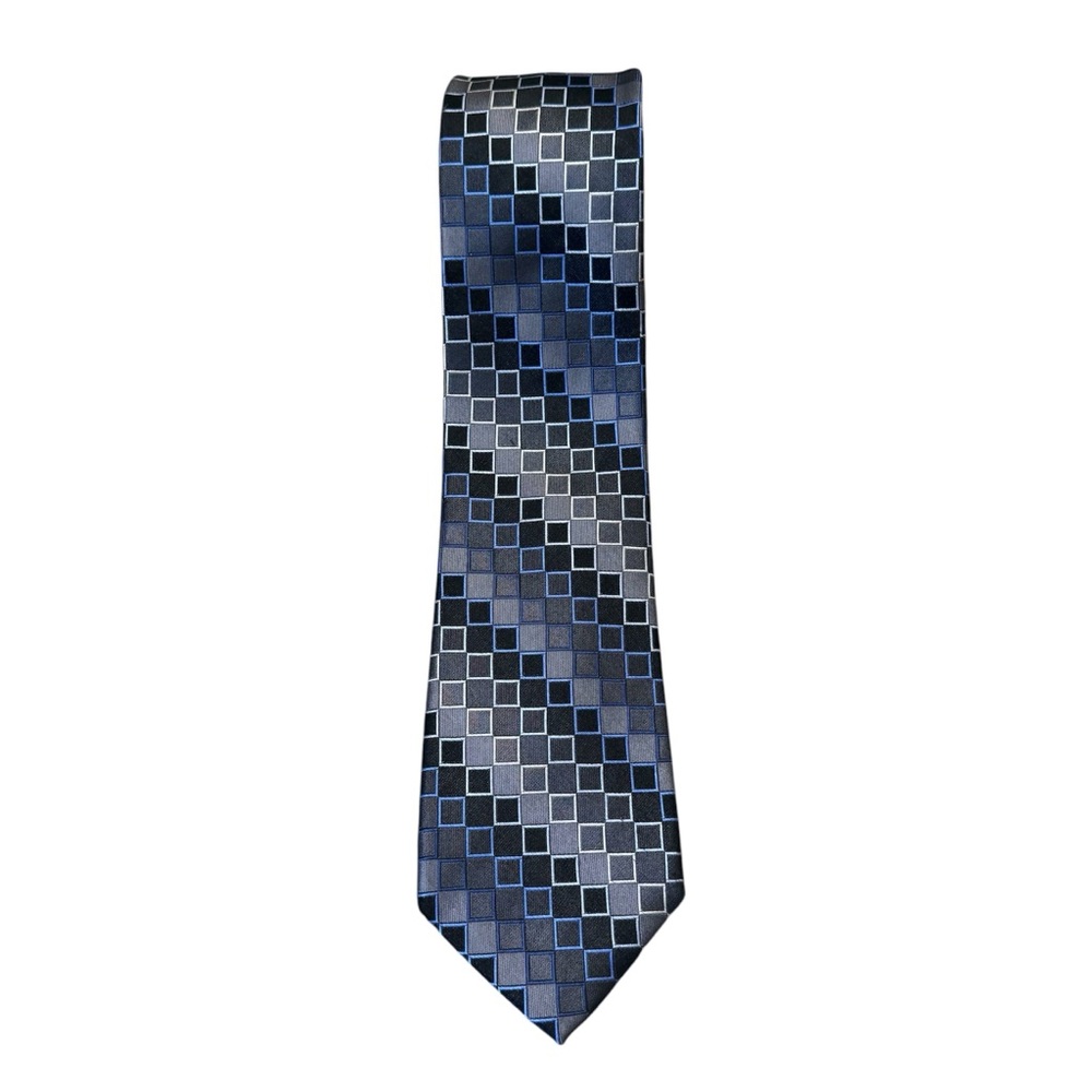 Kenneth Cole Reaction 100% silk tie with squares of brown, gray, black & blue